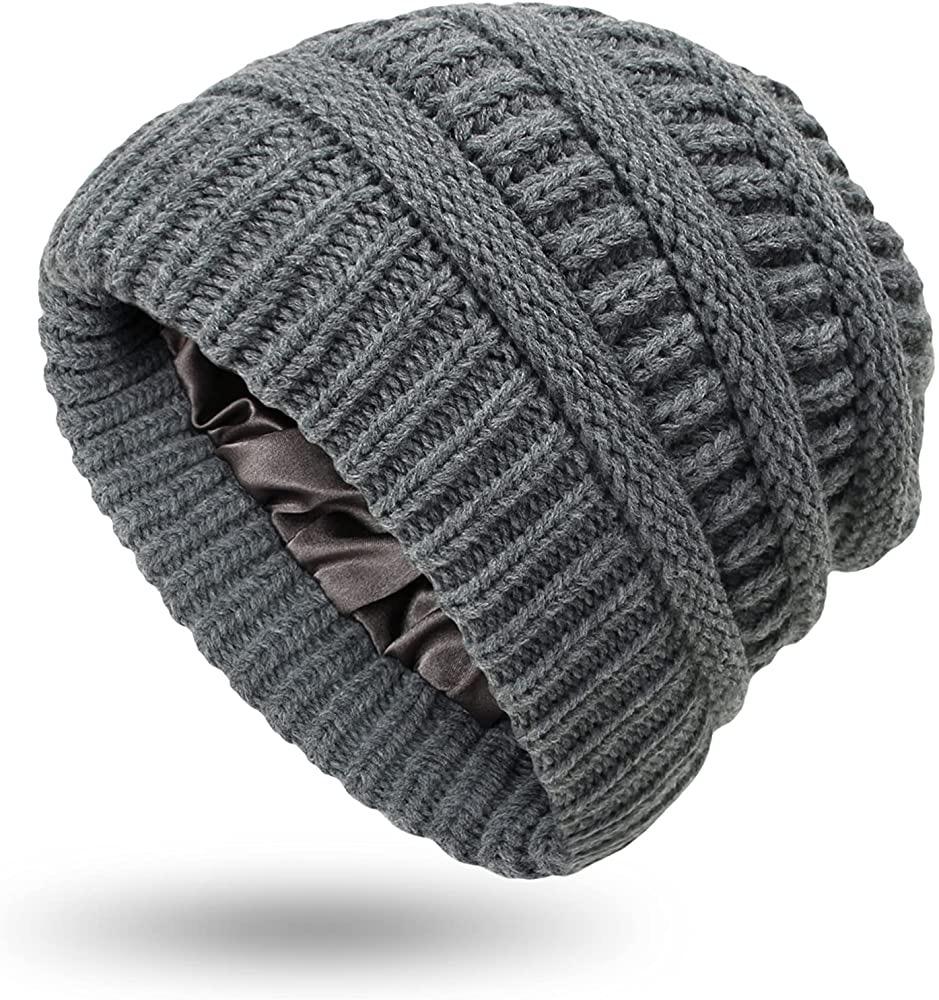 Womens Winter Warm Knitted Hat Satin Silk Lined Cable Knit Beanie Chunky Slouchy Skull Cap