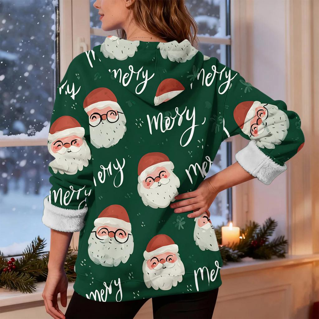Women's Fashionable Casual Long-Sleeved Christmas Print Fleece-Lined Thick Hooded Sweatshirt
