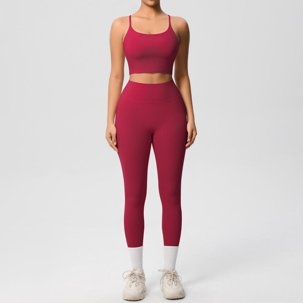 Women's Fashion Solid Color Back Top Tight Breathable Yoga Suit Set Sports Running Fitness Pants Two Piece Set