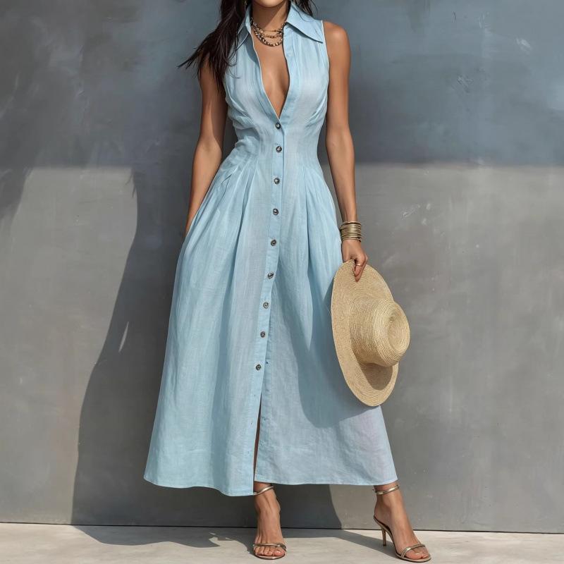European fashion casual temperament elegant simple solid color POLO neck sleeveless thin dress women S