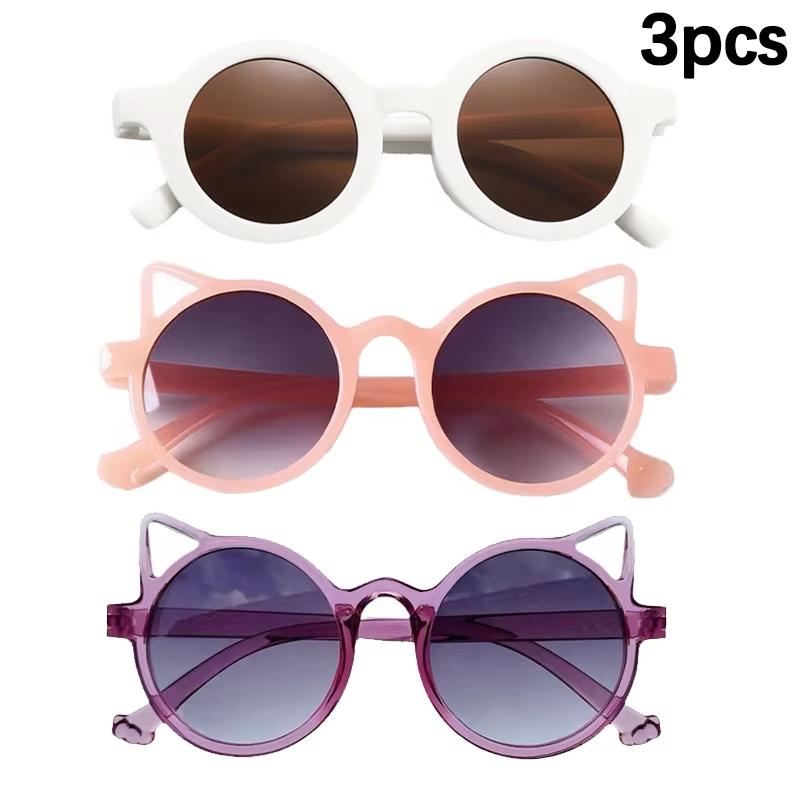 

3pcs/set Cute Round Frame Cat-ear Shaped Fashion Trend Colorful Girls Boys Sunglasses Outdoor Sun Protection