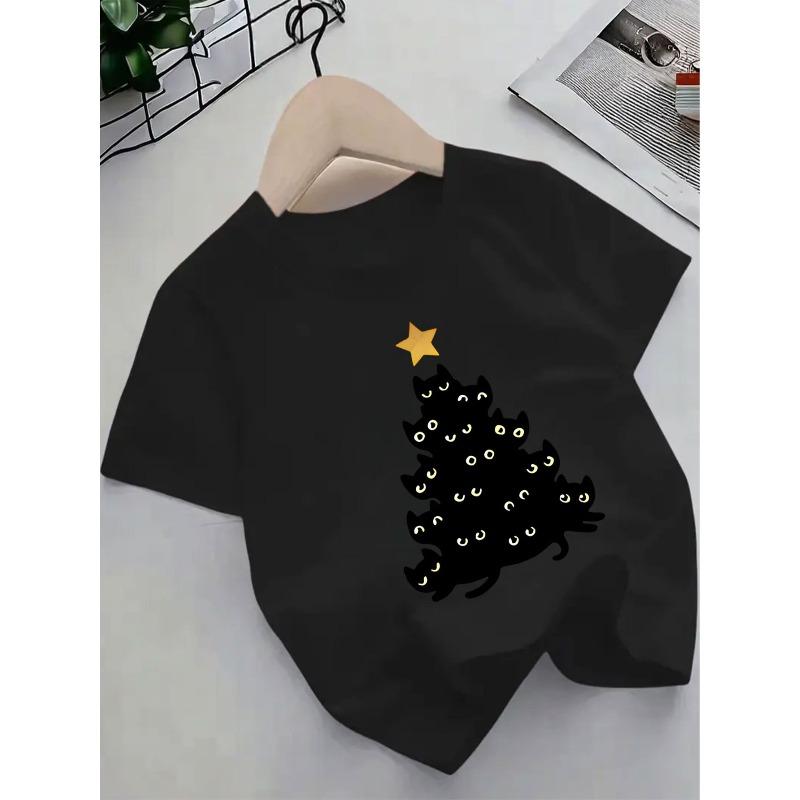 European sizes New Spring And Summer Round Neck T-Shirt for Children Featuring a Christmas Cat Pattern, Casual Korean Style,