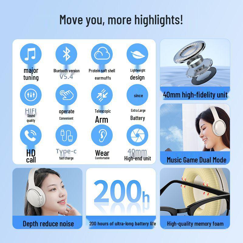 200-Hour Bluetooth Over-Ear Noise-Cancelling Wireless Gaming Headphones for Sports & Mobile