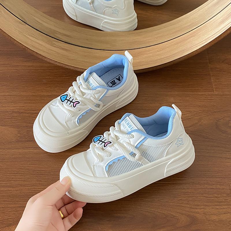 Leather Platform White Shoes Women's 2025 New Mesh Breathable Mesh Shoes Sweet Versatile Student Casual Lightweight Board Shoes