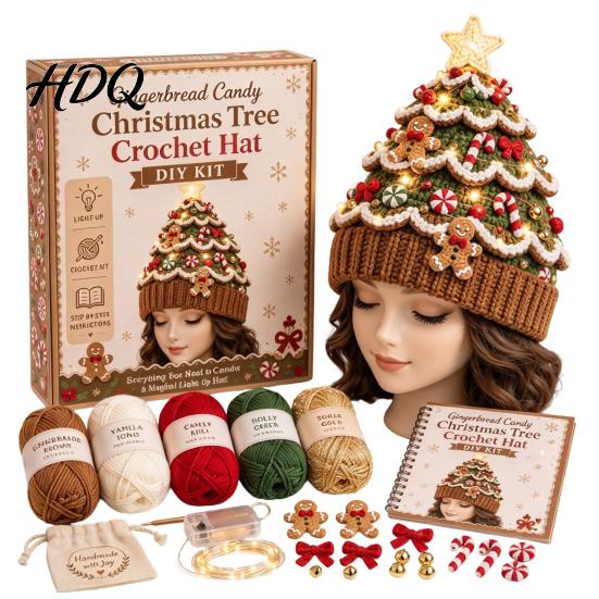 Parent Child Interaction Craft Christmas Tree Crochet Hat DIY Kit Beginner-Friendly Light-Up Kit Complete with Yarn Tools Guide for Holiday