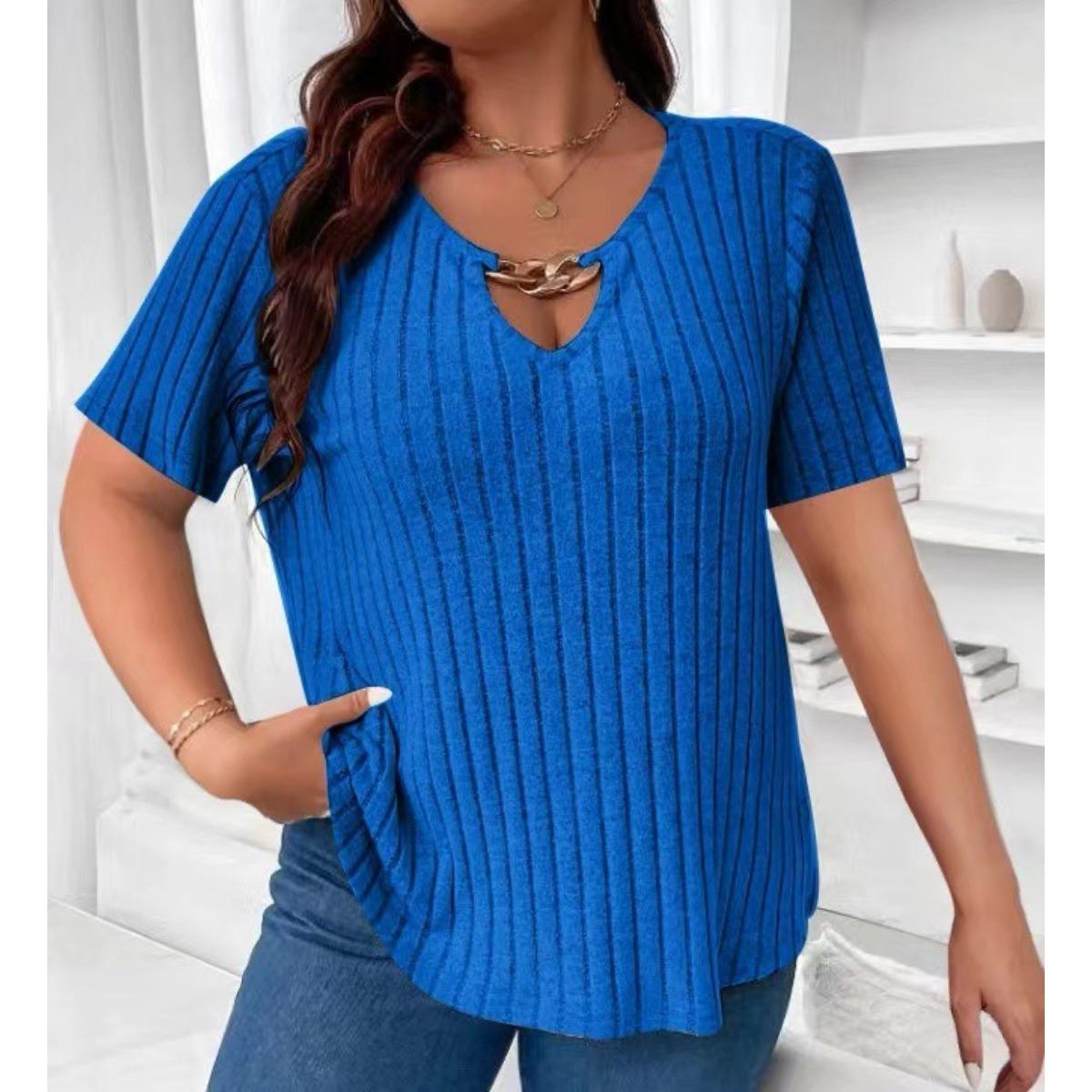 

Spring Summer Plus Size Women s Solid Ribbed Knit V-neck Chain Detail Short Sleeve Casual Elegant T-shirt Top 1XL королевский синий