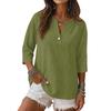 Women’s Casual V Neck Button Front Three Quarter Sleeve Cotton Linen Relaxed Fit Blouse Top for Daily Wear