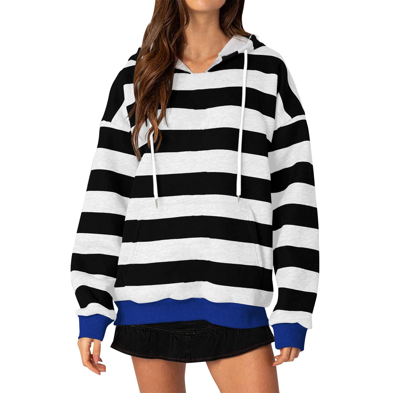 

Женская повседневная свободная толстовка с капюшоном и длинными рукавами в полоску с принтом, топ L чёрный
