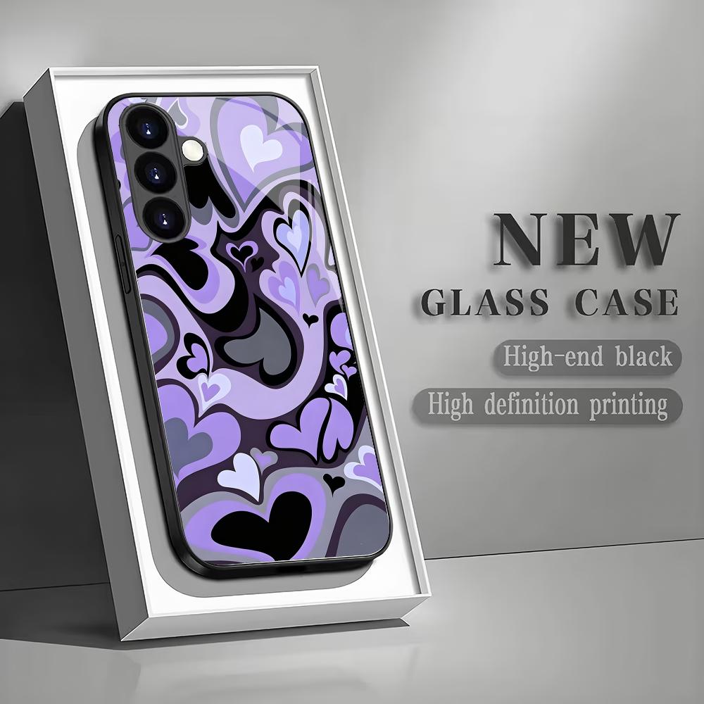Purple heart-shaped black glass phone case suitable for Samsung Galaxy S26 S25 S24 S23 S22 S20FE/Ultra/Plus anti drop back cover
