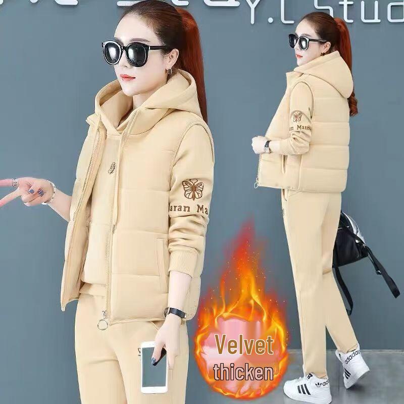 Women's Fleece-Lined Embroidered Hoodie Three-Piece Set for Autumn/Winter 2024