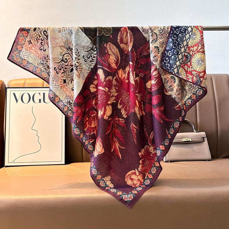 Pastoral Floral Velvet Double-sided Scarf 91 Large Square Scarf Women's Summer Travel Photo Silk Scarf Sun Protection Shawl