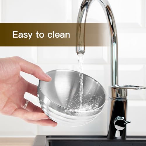 IMEEA Rice Bowls and Tea Bowls, Approximately 14cm Diameter, Dishwasher Safe, Lightweight, SUS304 Stainless Steel, Double Walled, Heat Resistant, Silv