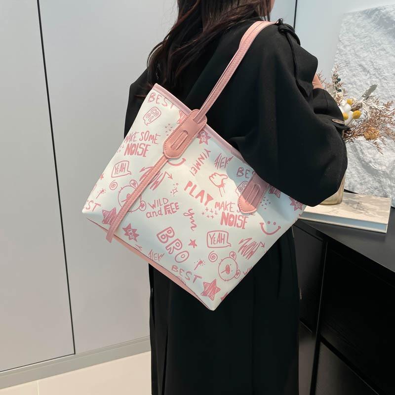 Contrasting color big bag women's autumn and winter new cute cartoon printed shoulder bag versatile trendy tote bag