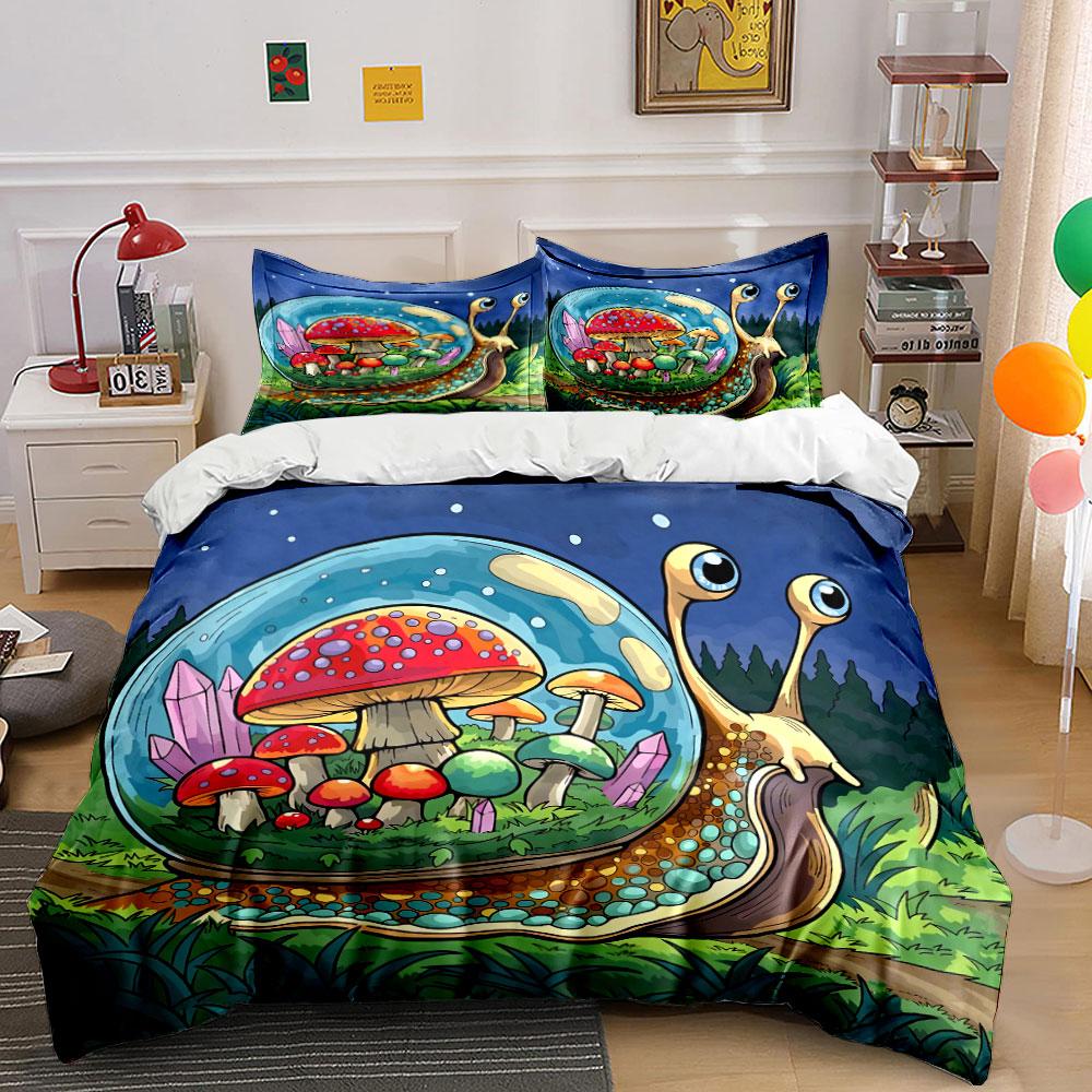 Snail Mushroom Fantasy Decoration Set Soft Skin-Friendly Bedding Set Includes 1 Duvet Cover And 2 Pillowcase Gift