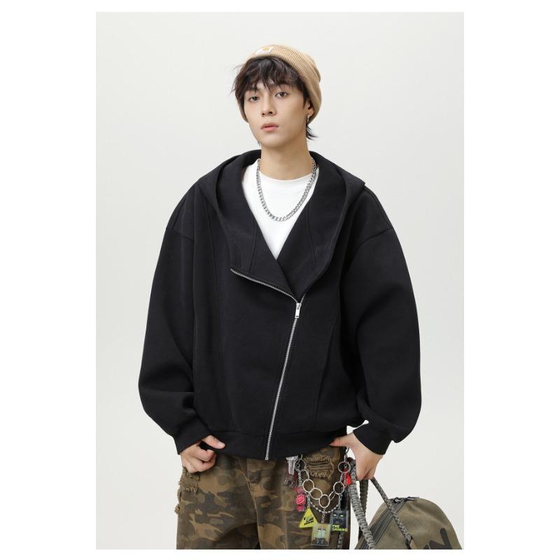 Herren S Locker Kurz Weite Silhouette Kapuzenpullover Freizeit Diagonal Reißverschluss Oberbekleidung