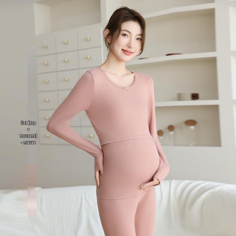 

Pure Cotton Maternity Sleepwear Set: Warm Autumn/Winter Base Layer for Pregnancy, Postpartum, and Breastfeeding L