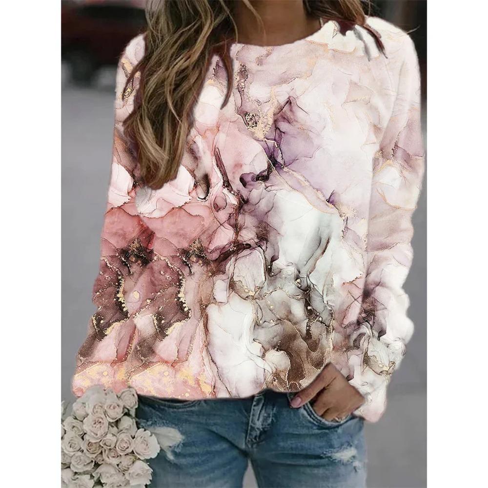 Hot Selling New Marble Texture 3D Printed Women's Casual Round Neck Long Sleeved T-shirt
