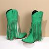 Fringe Boots For Women Mid Calf Women's Boots Comfortable Pull On Chunky Heel Pointed Toe Fringed Boots Western Knee High Fit