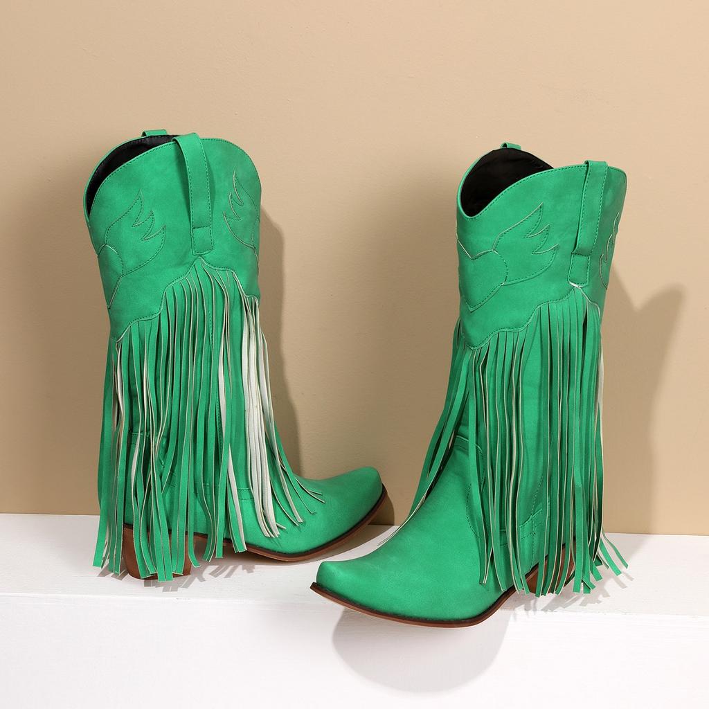 Fringe Boots For Women Mid Calf Women's Boots Comfortable Pull On Chunky Heel Pointed Toe Fringed Boots Western Knee High Fit