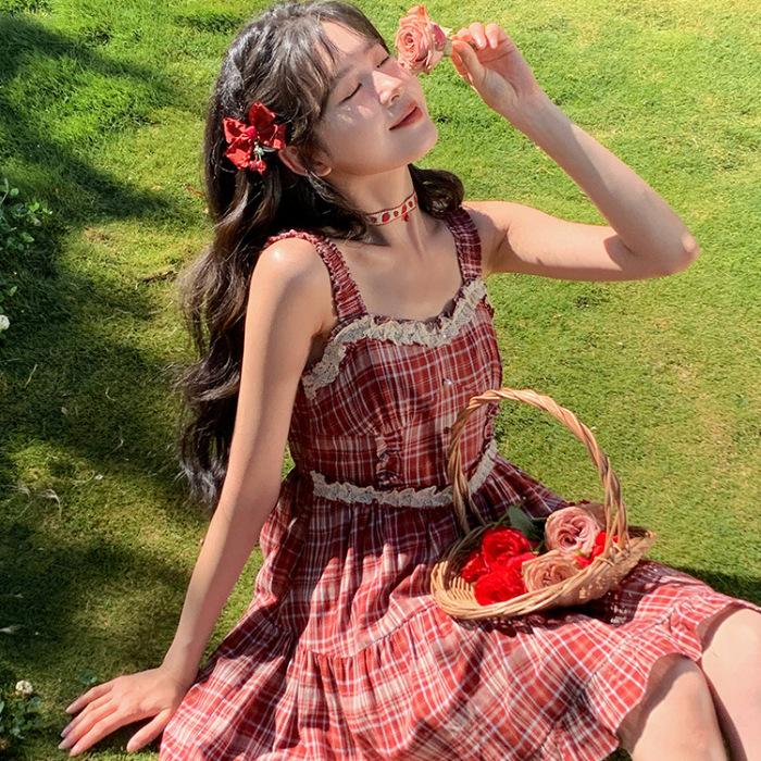 

Женское летнее красное клетчатое платье на бретелях-спагетти - Без рукавов, со шнурком на талии, маленького размера Extra Large