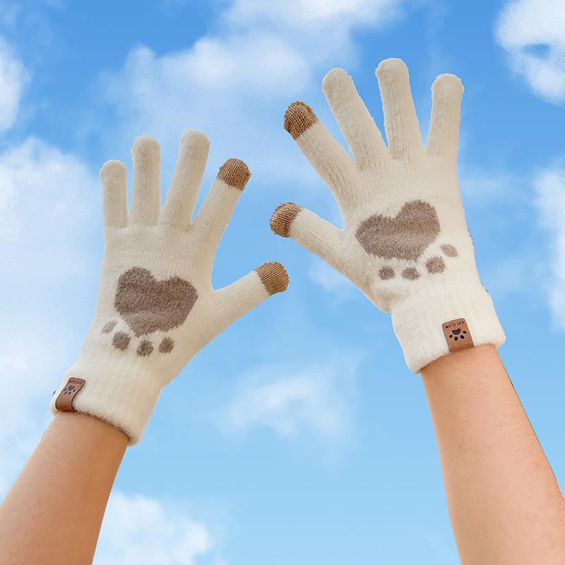Cartoon Mink Smiley Winter Touchscreen Gloves - Velvet Warmth, Outdoor Cold Protection, Cute Student Design.