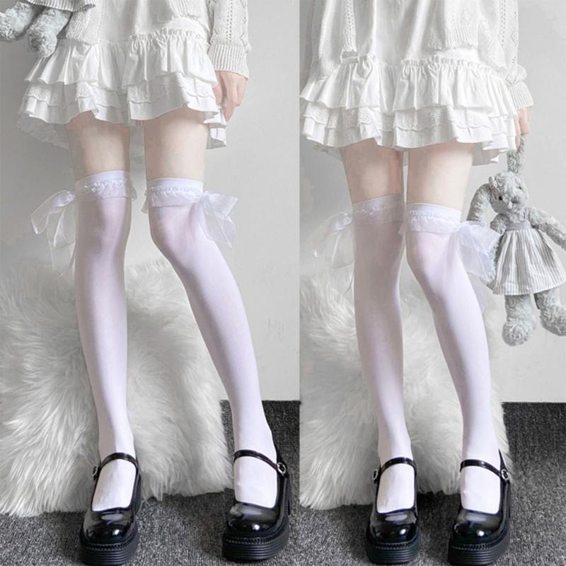 Bowknot Stockings Womens Lace Trims Thigh High Stockings Over Knee Long Stockings,Long Socks for Student Girl