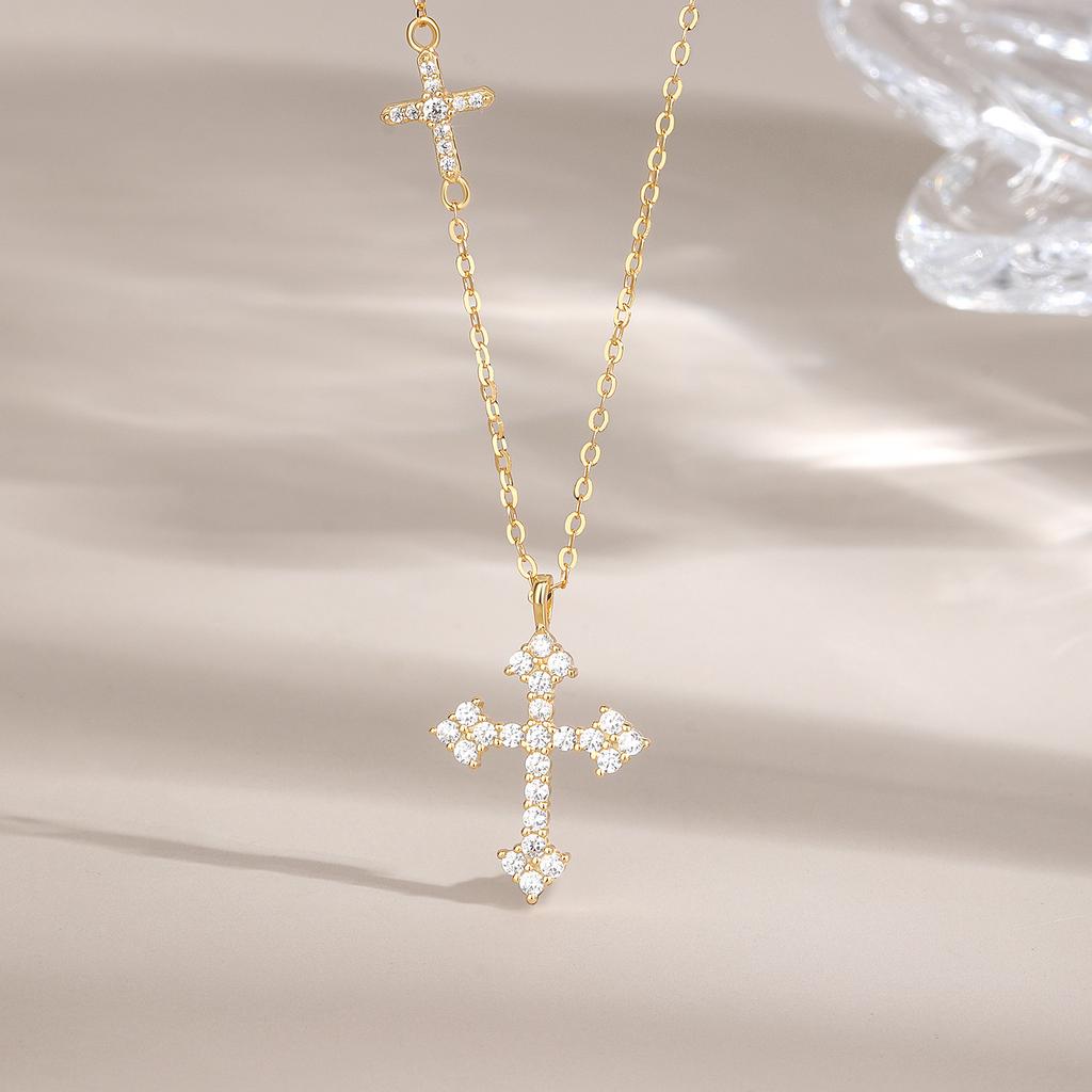 925 Sterling Silver Gold Plated Zircon Double Cross Pendant Engagement Wedding Fashion Necklace Cross Chain Women