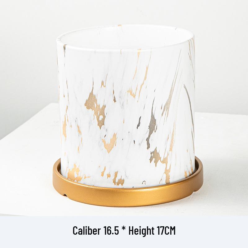 Marble Pattern Ceramic Flower Pot with Gold Tray - Nordic INS Style Large