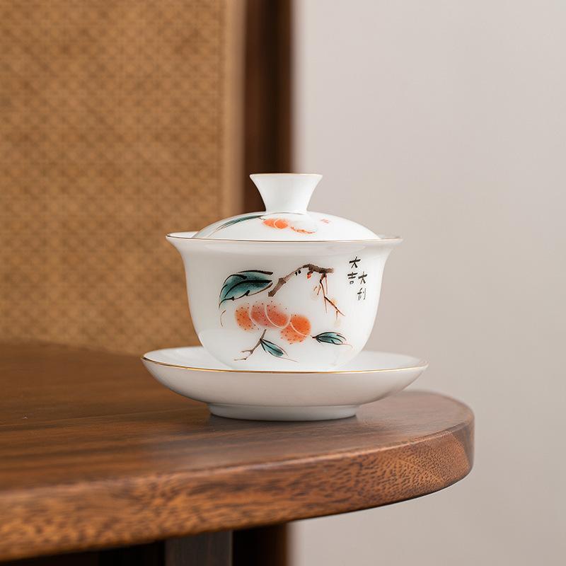 White ice seed jade porcelain three talents cover bowl household kung fu tea set ceramic tea bowl cup suet jade porcelain tea bowl