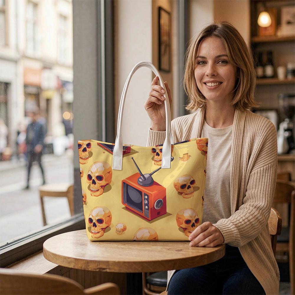 Skull Retro TV Pattern Casual Tote Bag Daily Use Portable Carry Shoulder Bag For Shopping Outdoor