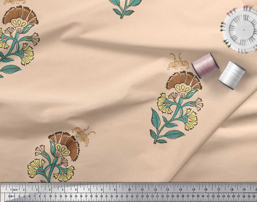 Soimoi Blue Japan Crepe Satin Fabric Insect|Leaves & Floral Block Print Fabric by Yard 42 Inch