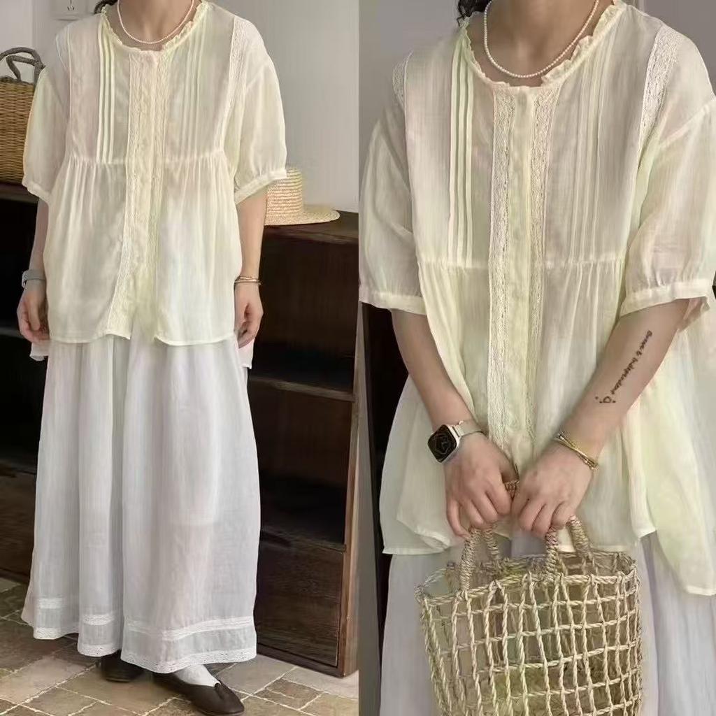 1116 Summer New Women's Crew Neck Japanese Ramie Top Shirt Loose Shirt Top Cardigan Retro Age Reduction