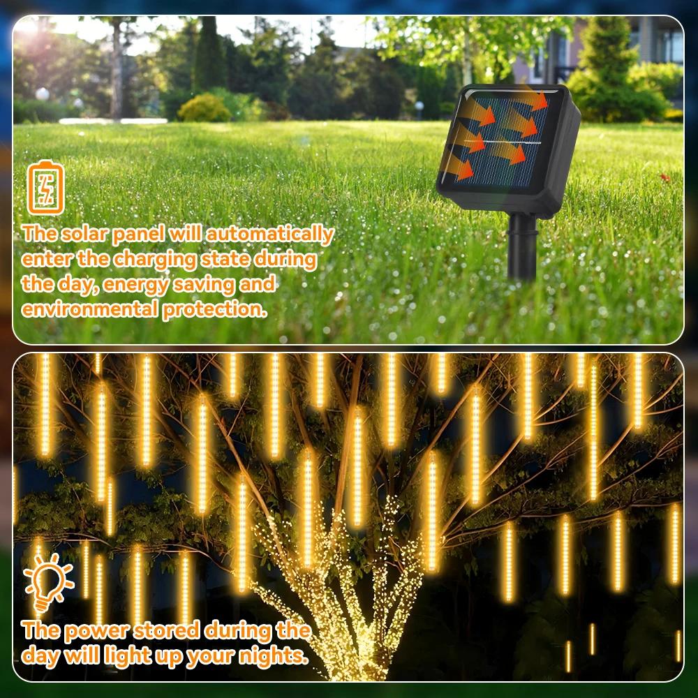 Solar Meteor Shower Rain LED String Lights 8 Tubes Street Garlands Christmas Tree Decorations for Outdoor Fairy Garden Lights
