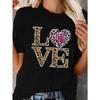 Europäische Größe Schwarzes Kurzarm-T-Shirt mit Leopardenmuster "LOVE" Design, Rundhalsausschnitt, Lässiger Stil, Geeignet für Frühling/Sommer, Valentinstag, Damen