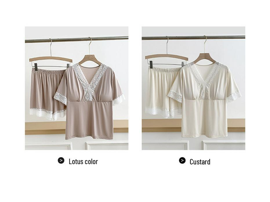 Women's Girly V-Neck Pajama Set with Built-in Bra - Casual, Comfortable, Short Sleeve Summer Home Wear, Loose Two-Piece
