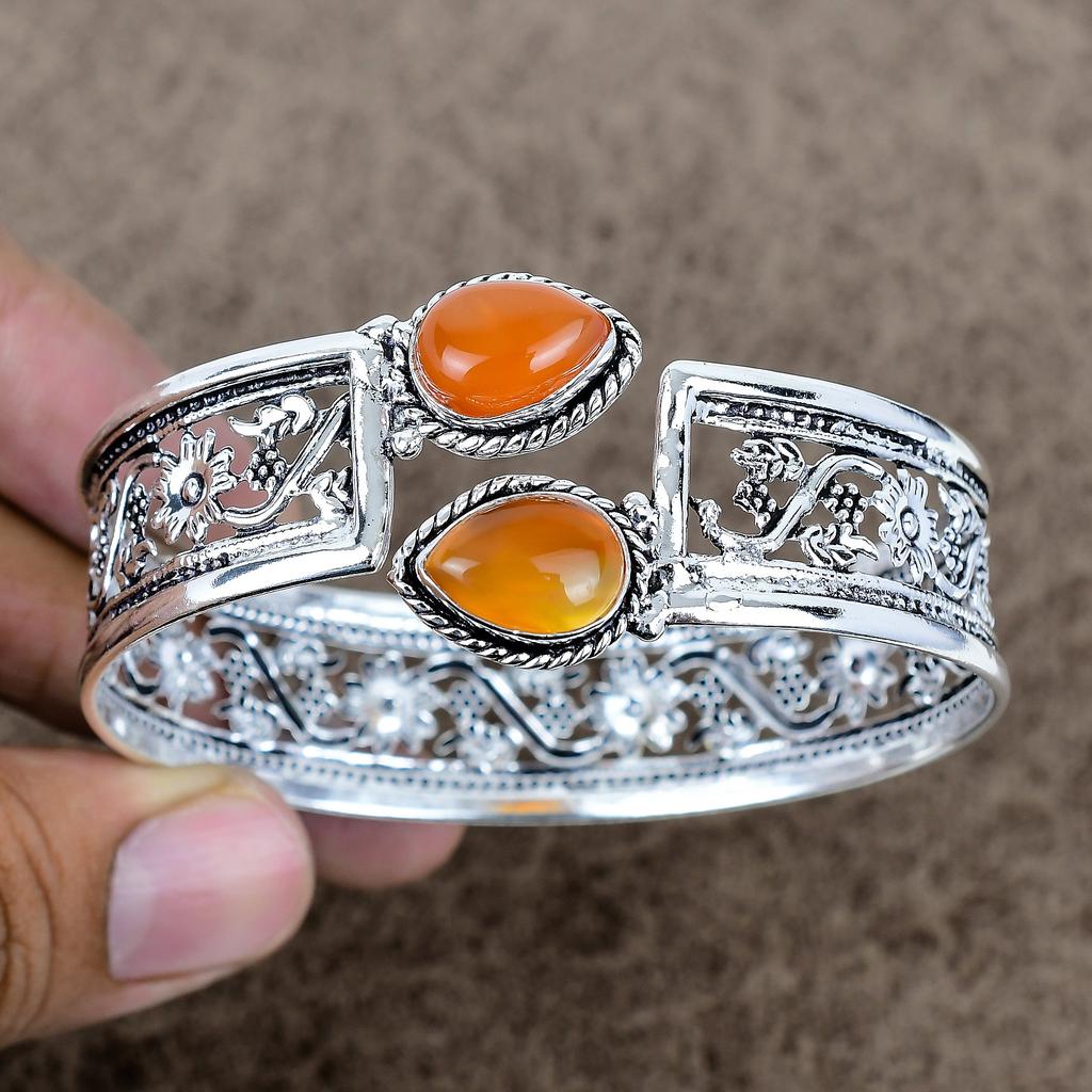 Carnelian Gemstone Handmade 925 Sterling Silver Cuff Bangle Adjustable KKG-779