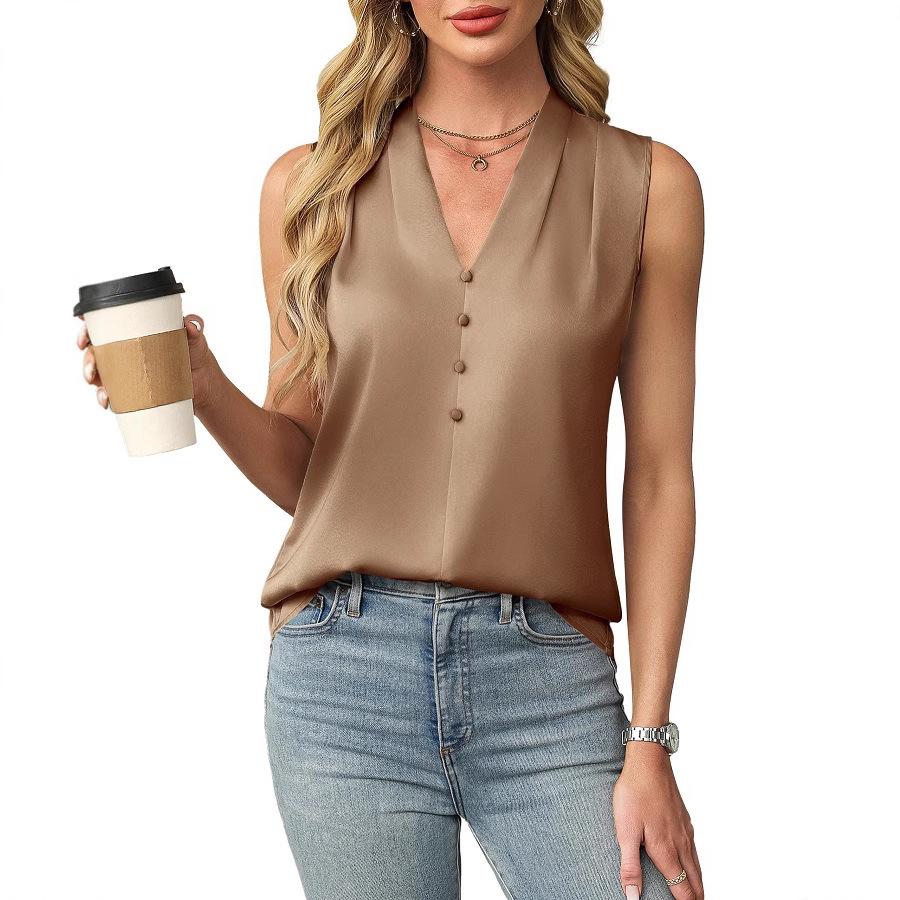 Women's Blouses Summer Elegant Temperament Satin Work Tank Shirts Casual Button V-Neck Sleeveless Vest Black Tops