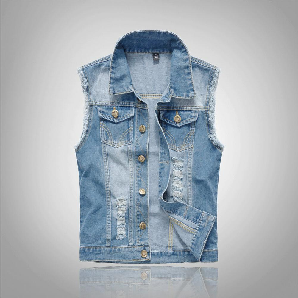 

Large Size Slim Trend Men s Denim Vest Men s Light Blue Vest Waistcoat Ripped Denim Vest 6XL світло-синій колір