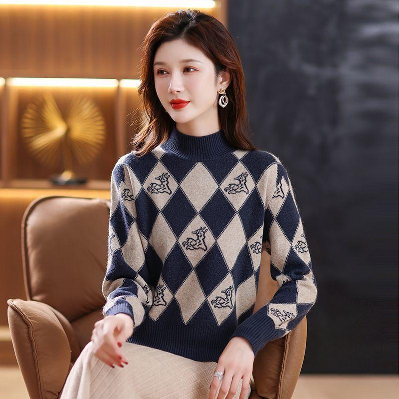 Fall/Winter Vintage Jacquard Sweater Women High Neck Knit Sweater Short Thick Loose Print Knitwear Top Jumper