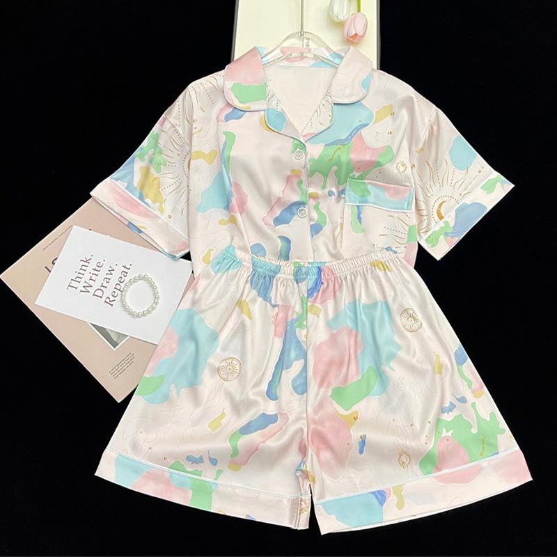Colorful Cartoon Pattern Summer Loose Popular Simulation Silk Cool Short-Sleeved Shorts Loungewear Set