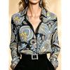European Style Satin Printed Long Sleeve Blouse, Women Lapel Collar Flowy Office Top