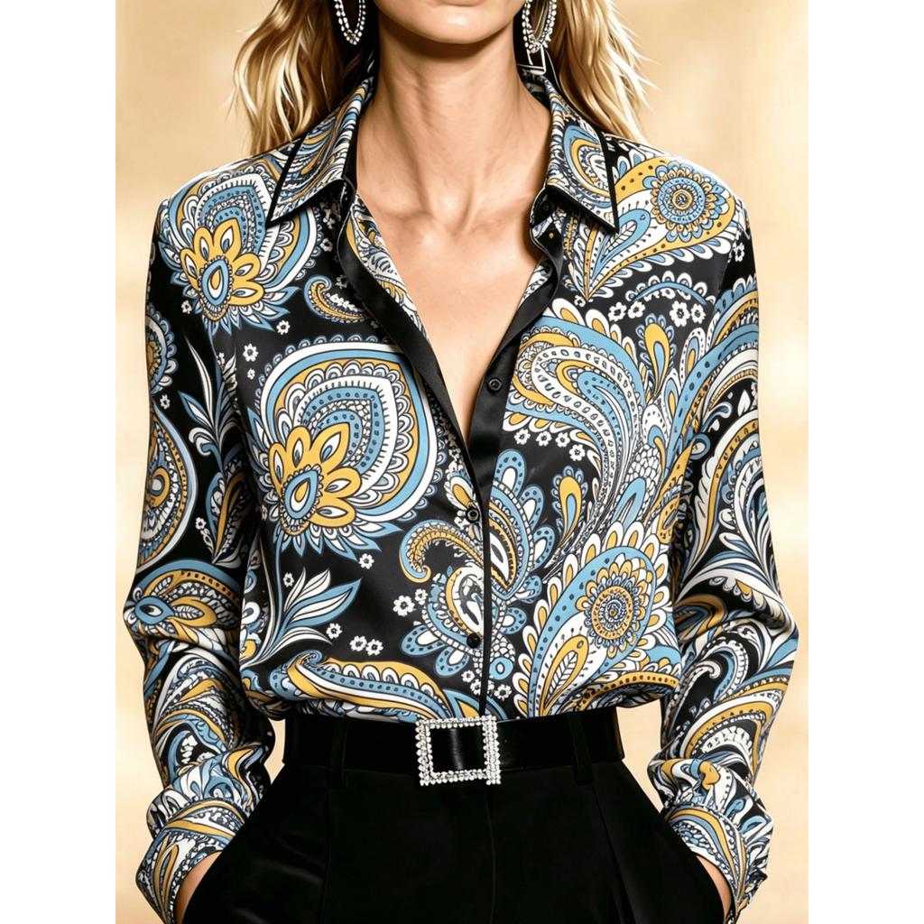 European Style Satin Printed Long Sleeve Blouse, Women Lapel Collar Flowy Office Top
