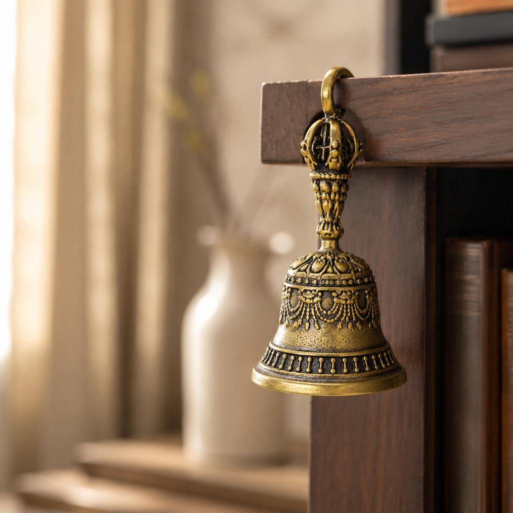 Sino Decorativo de Mão com Cabo Intricadamente Esculpido e Superfície Detalhada Padrão Adequado para Uso Doméstico e Espiritual