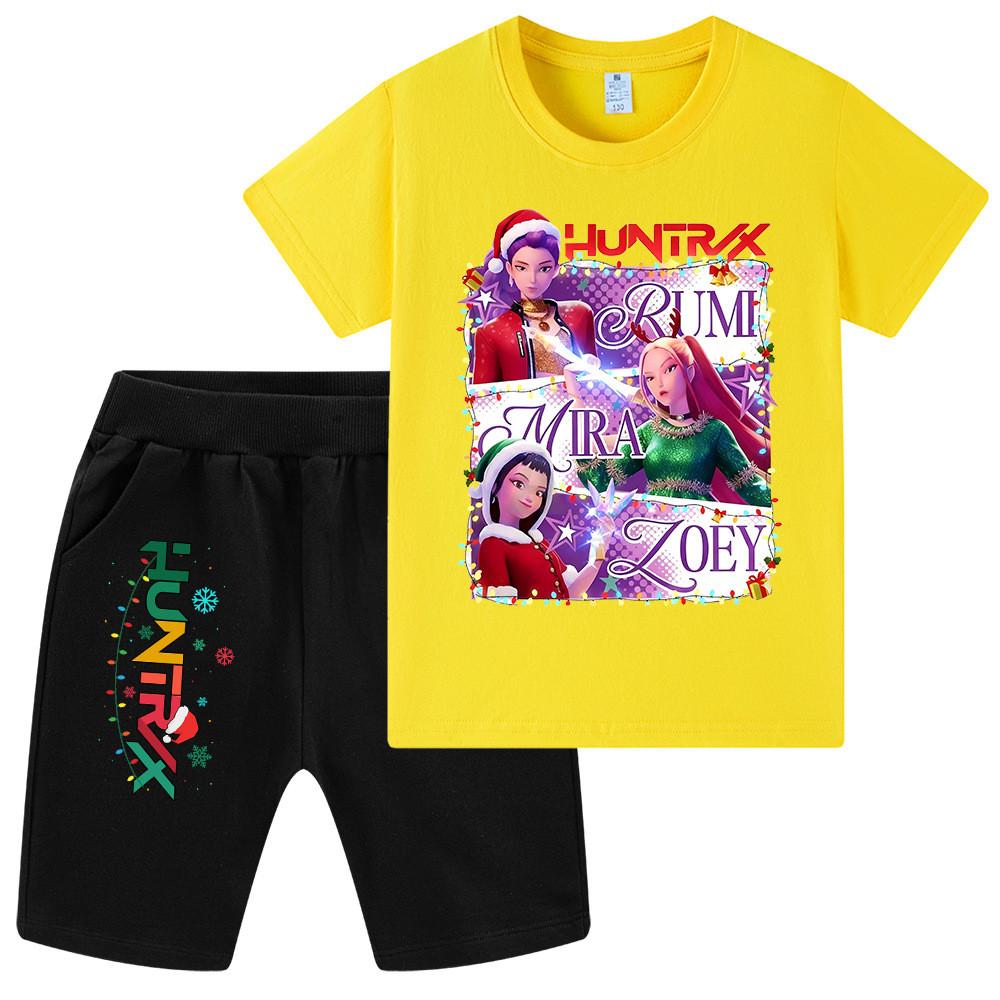 WA1265 Kids Boys Girls Kpop Rumi Zoey Mira Christmas Print Short Sleeves T-shirt Shorts Pants Sets