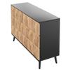 The sideboard and the dresser are characterized by a combination of black and natural wood tones as well as raised doors.