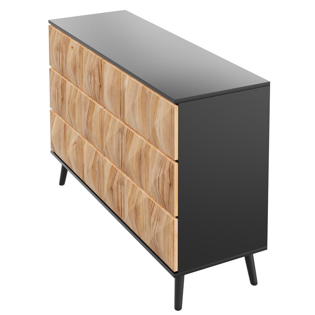 The sideboard and the dresser are characterized by a combination of black and natural wood tones as well as raised doors.