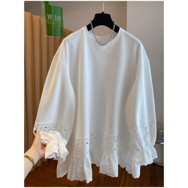 Women S Plus Size White Lace Splicing Long Sleeve T Shirt Loose Round Neck Top