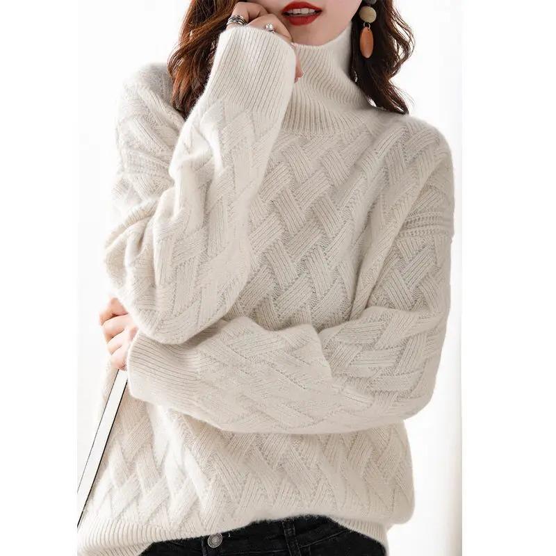 Women Casual Chic Loose Cashmere Sweater Autumn Winter Oversize Thick Long Sleeve Turtleneck Warm Knit Pullovers