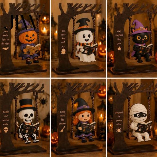 Enge Halloween Raamhangers Grappig Zwaaiend Ornament, Heks/Skelet/Mummie/Pompoen Geest Zittend op Decoratief voor Feest Lezen Boek Beeldje Bureau