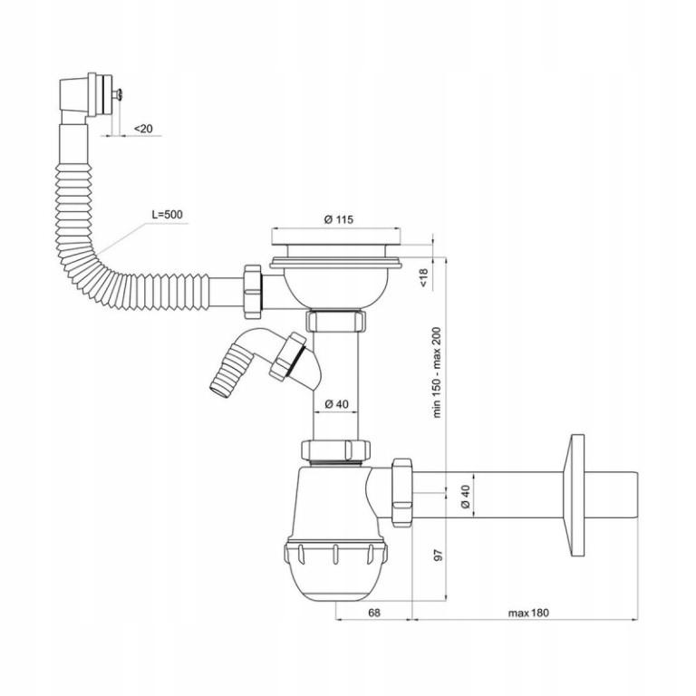 Siphon, 90 mm, Flaschentyp, mit Überlauf